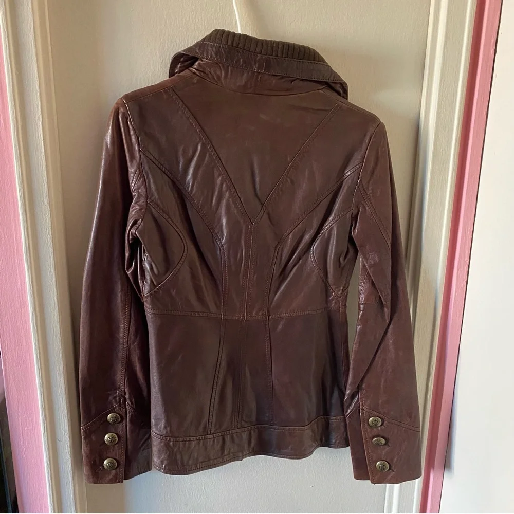 Guess Brown Leather Jacket with Fabric Collar and Gold Tone Hardware